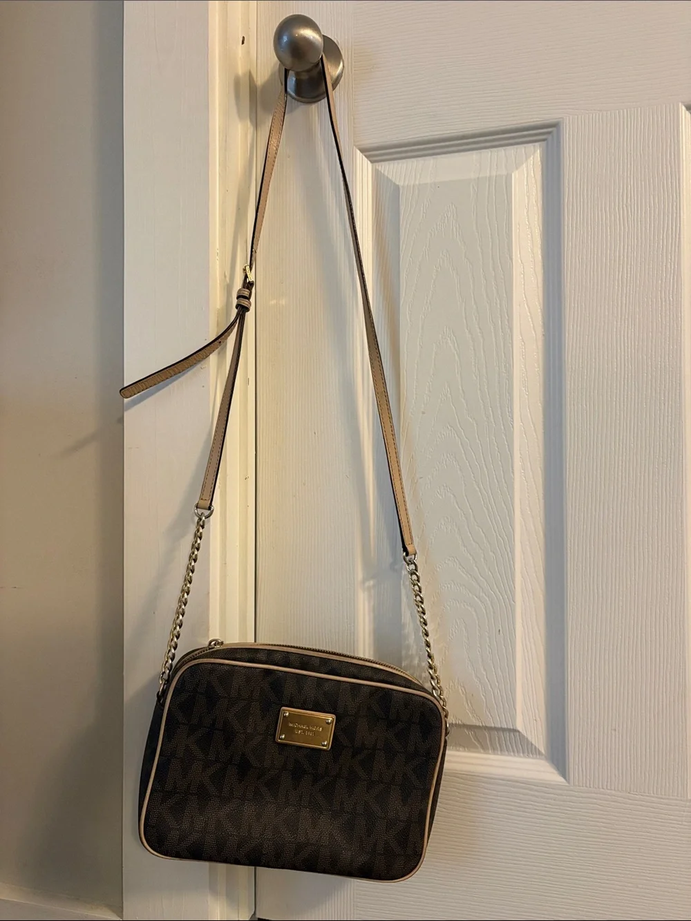 Michael Kors Dark Brown MK Monogram Crossbody with Tan Trim